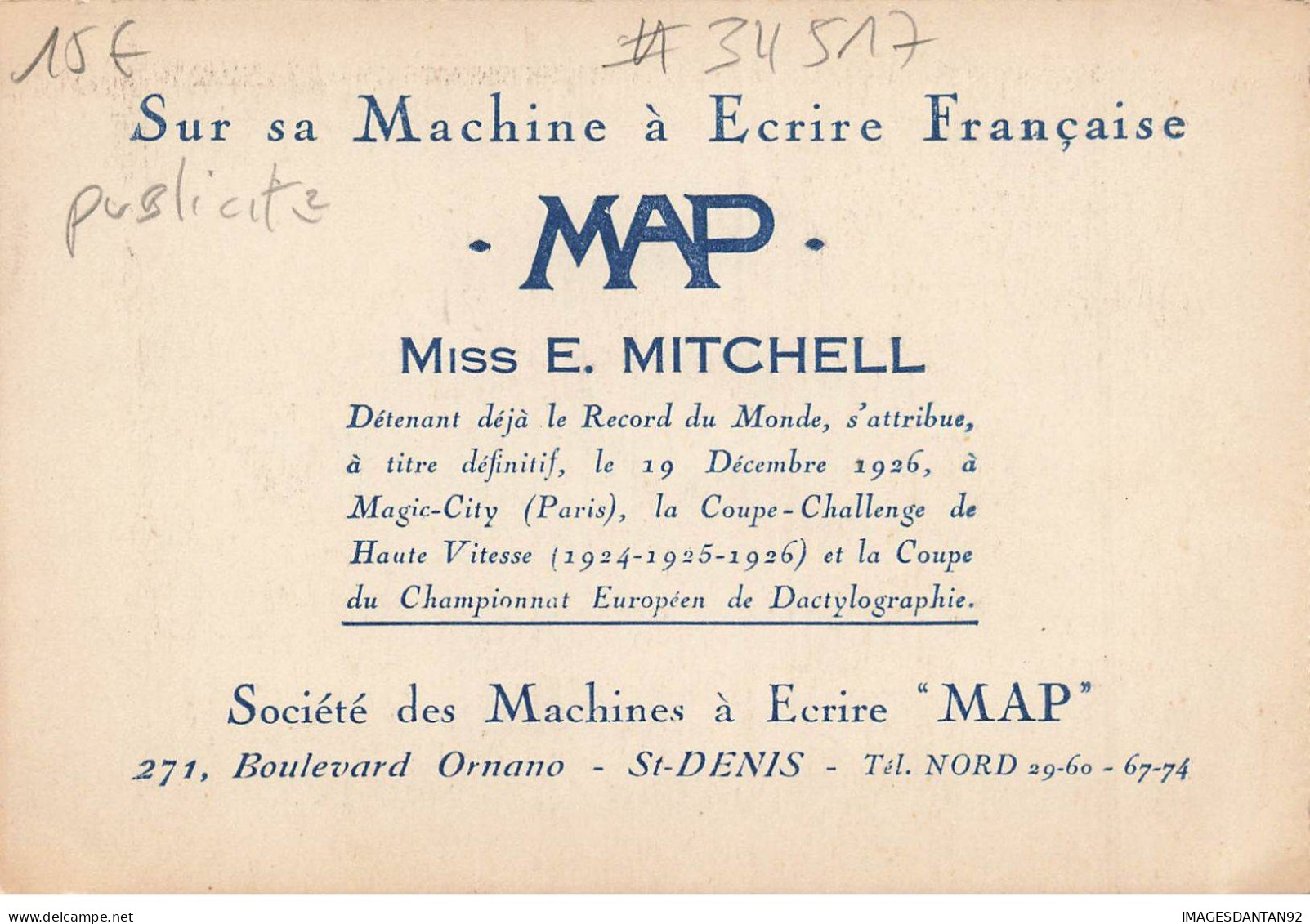 PUBLICITE #MK34517 MISS E MITCHELL SOCIETE DES MACHINES A ECRIRE MAP A SAINT DENIS BOULEVARD ORNANO - Advertising