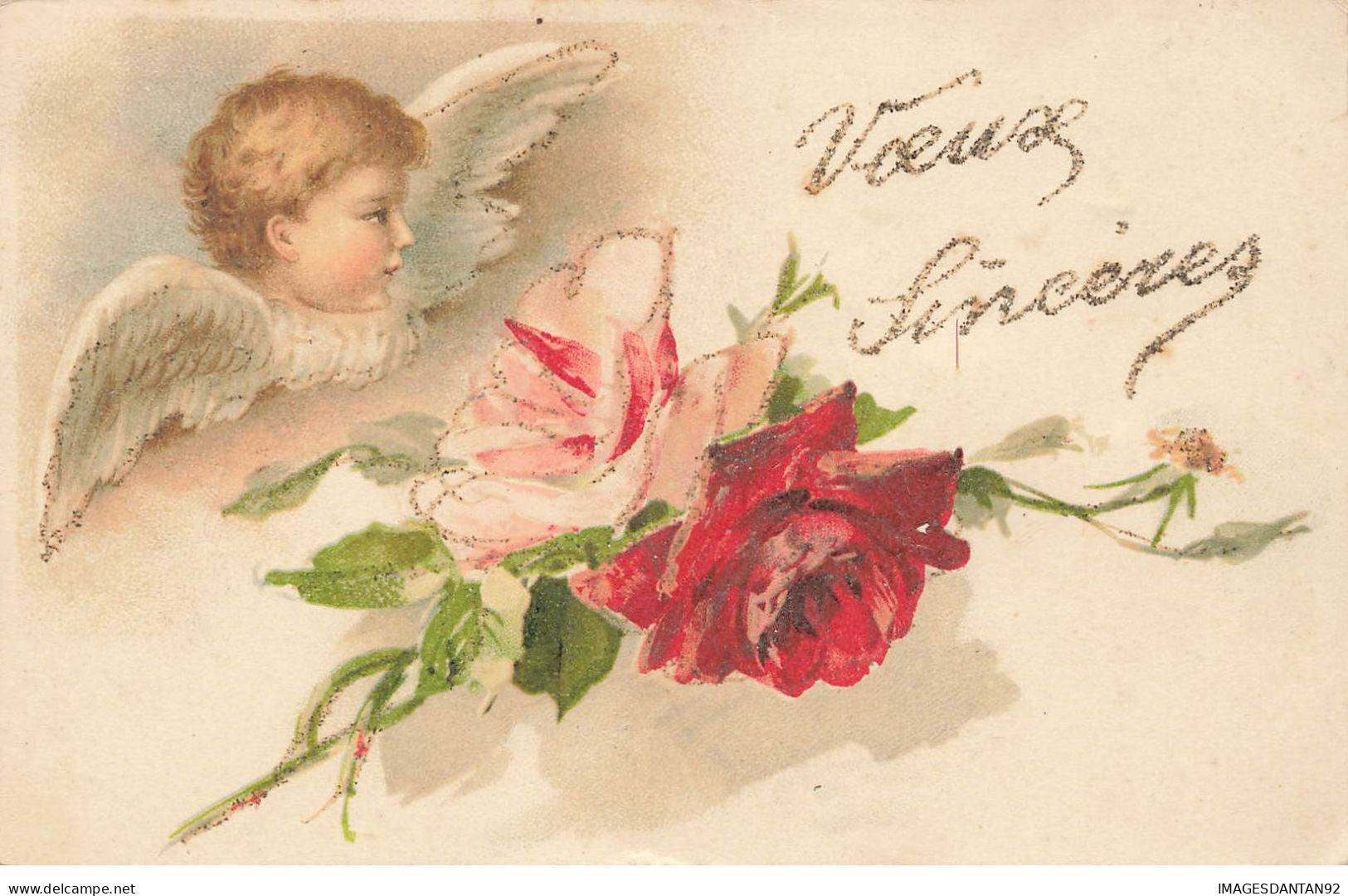 ANGES #MK34487 VOEUX SINCERES DEUX FLEURS ET UN ANGELOT ROSES - Angeles