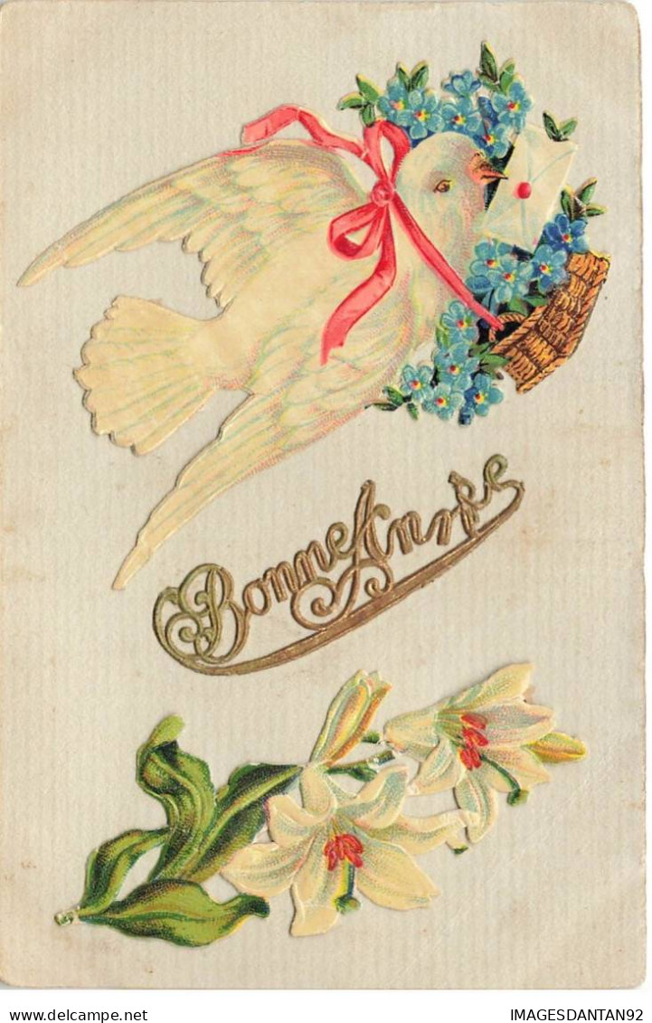 OISEAU #MK34028 BONNE ANNEE COLOMBE QUI TRANSPORTE PANIER ENVELOPPE FLEURS DE LYS CARTE SYSTEME AJOUTIS - Dreh- Und Zugkarten