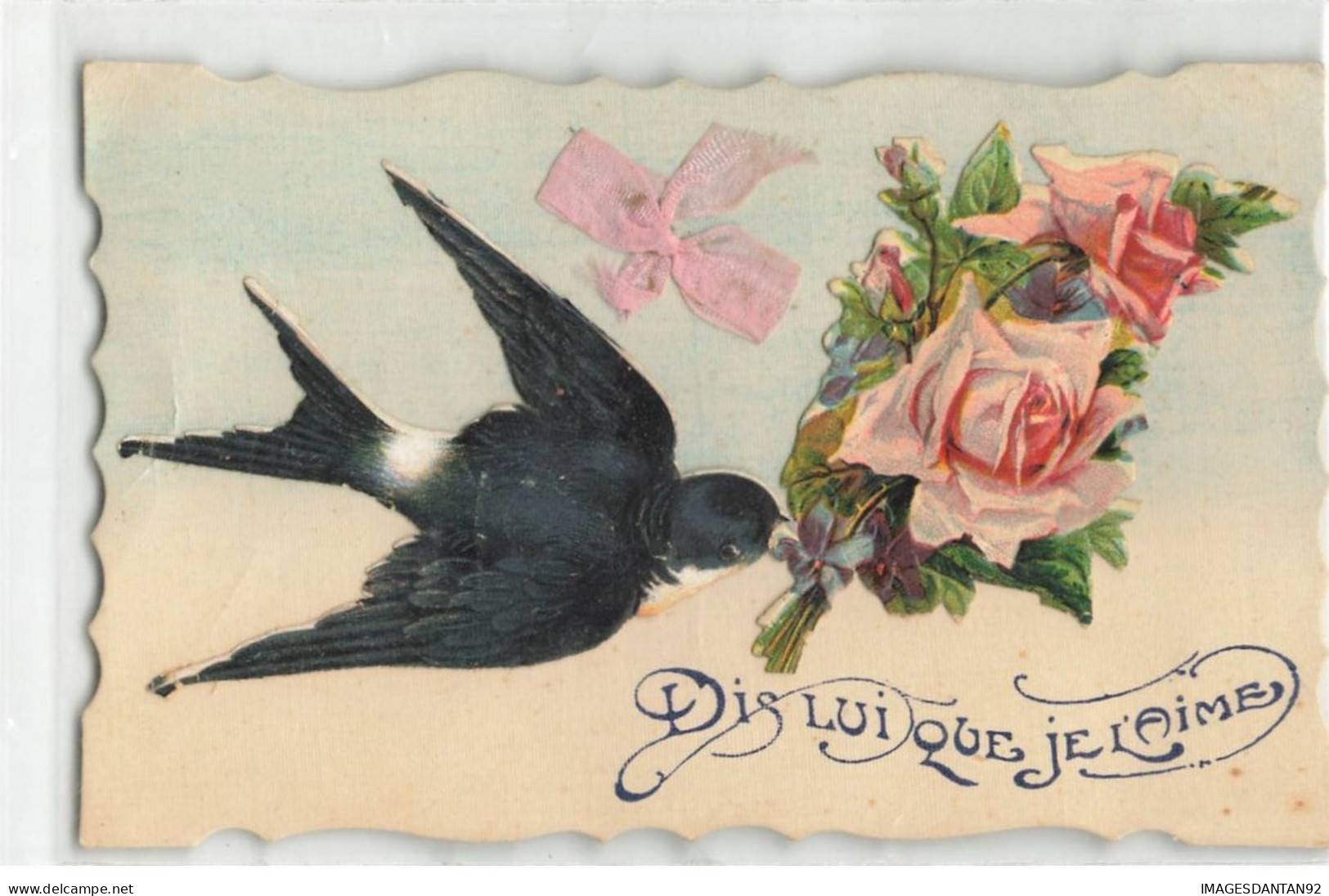 OISEAU #MK34023 DIS LUI QUE JE L AIME UN OISEAU QUI TRANSPORTE BOUQUET DE FLEURS ROSES CARTE SYSTEME AJOUTIS - Dreh- Und Zugkarten