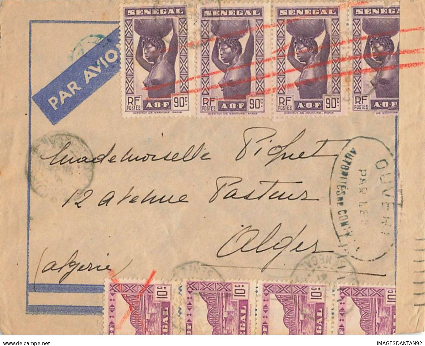 DAKAR POUR ALGER #36484 SENEGAL BELLE LETTRE EN BANDE X 2 OUVERT CONTROLE PAR AVION 1941 - Lettres & Documents