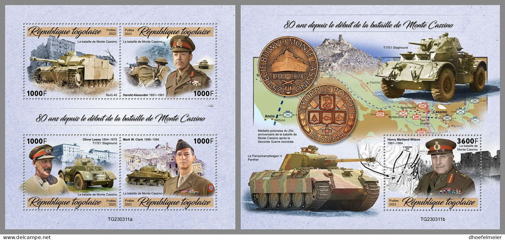 TOGO 2023 MNH WWII Battle Of Monte Cassino M/S+S/S – OFFICIAL ISSUE – DHQ2418 - Guerre Mondiale (Seconde)
