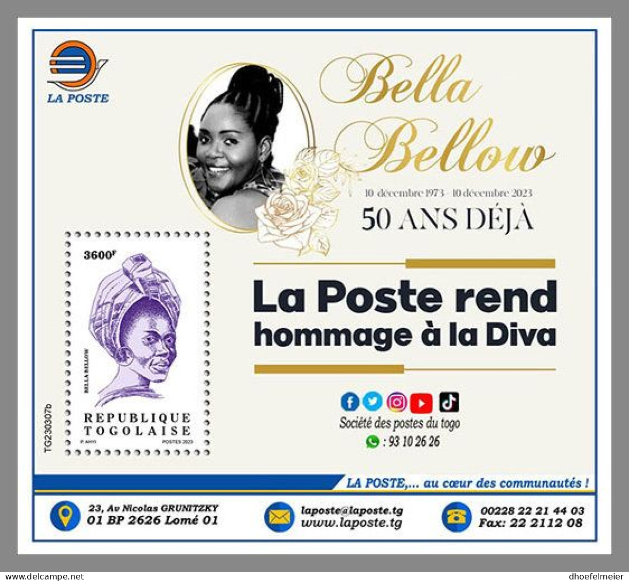 TOGO 2023 MNH Bella Bellow Music Musik S/S – OFFICIAL ISSUE – DHQ2418 - Music