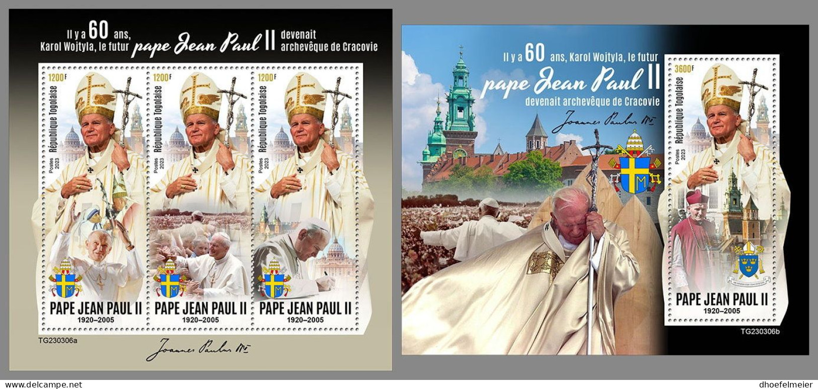 TOGO 2023 MNH Karol Wojtyla Pope John Paul II. M/S+S/S – OFFICIAL ISSUE – DHQ2418 - Papes