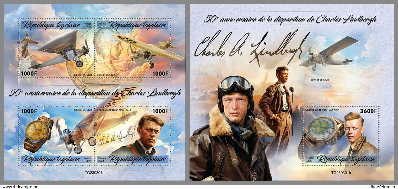 TOGO 2023 MNH Charles Lindbergh Airplanes Flugzeuge M/S+S/S – OFFICIAL ISSUE – DHQ2418 - Avions