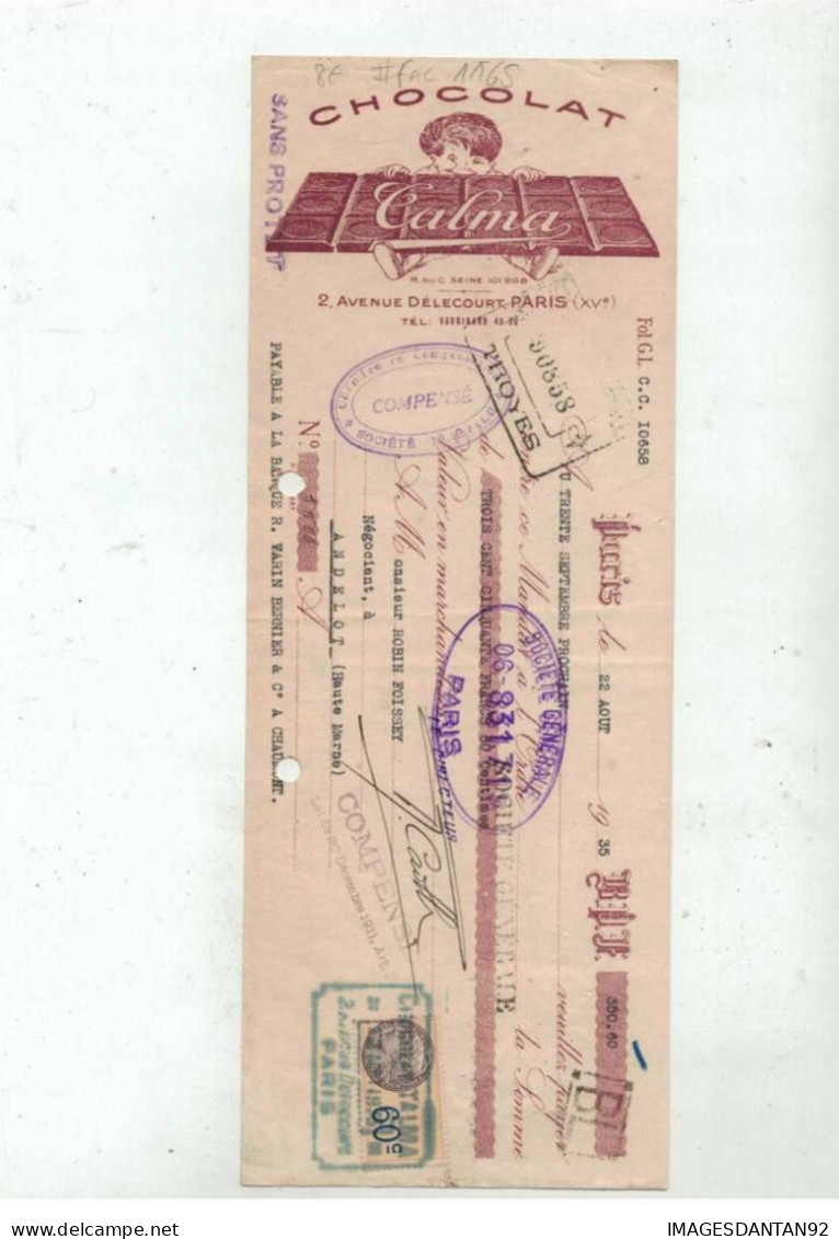 75015 PARIS #FAC1165 CHOCOLAT CALMA AVENUE DELECOURT 1935 TRAITE - 1900 – 1949
