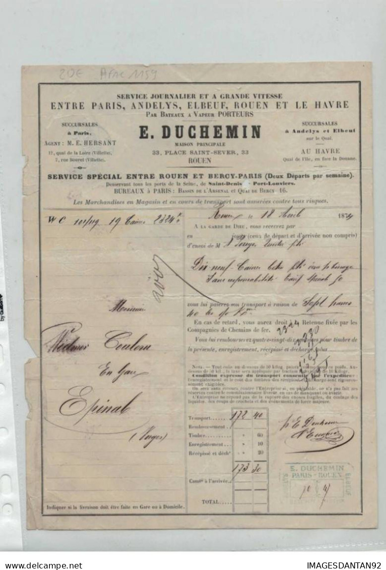 76 ROUEN #FAC1159 PLACE SAINT SEVER DUCHEMIN TRANSPORT BATEAUX VAPEUR PARIS LA VILLETTE PORTEUR CONNAISSEMENT 1874 - 1800 – 1899