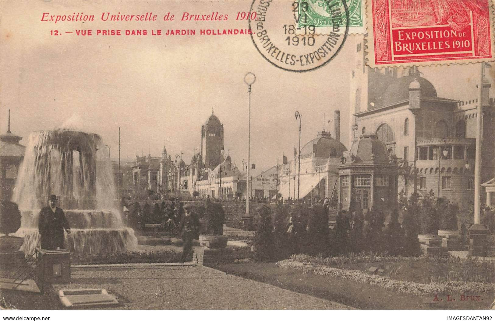 BELGIQUE #MK35384 EXPOSITION UNIVERSELLE DE BRUXELLES 1910 VUE PRISE DANS LE JARDIN HOLLANDAIS VIGNETTE+CACHET EXPO - Parks, Gärten