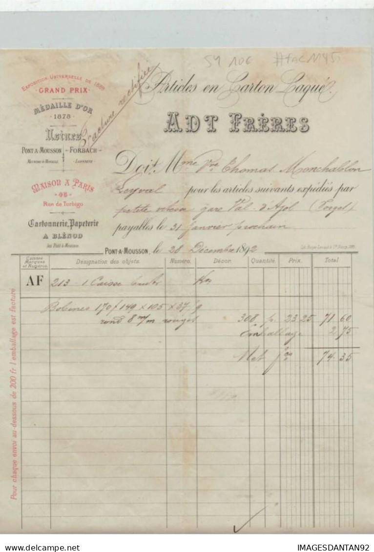 54 PONT A MOUSSON FORBACH #FAC1145 PAPETERIE CARTONNERIE ARTICLES EN CARTON LAQUE ADT FRERES 1892 - 1800 – 1899