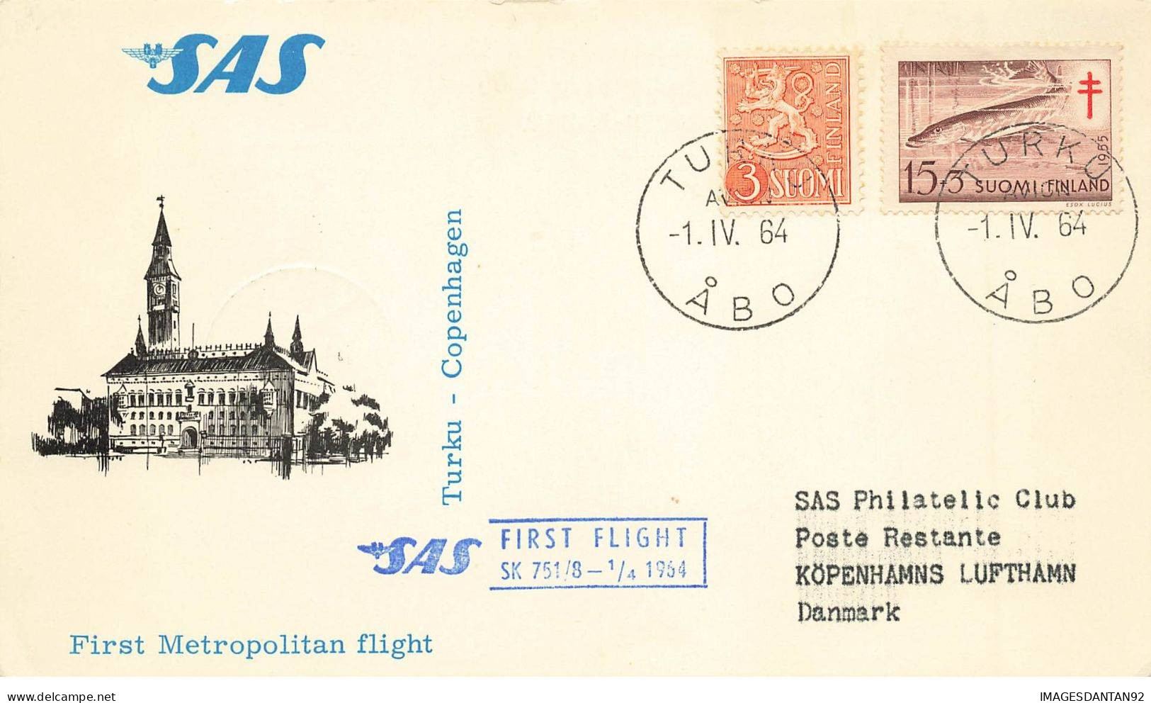 FINLANDE #36411 FINLAND 1964 TURKU ABO SAS COPENHAGEN FIRST FLIGHT - Covers & Documents