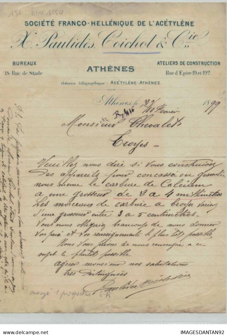 GRECE #FAC1150 ATHENES STE FRANCO HELLENIQUE D ACETYLENE 1899 - Otros & Sin Clasificación
