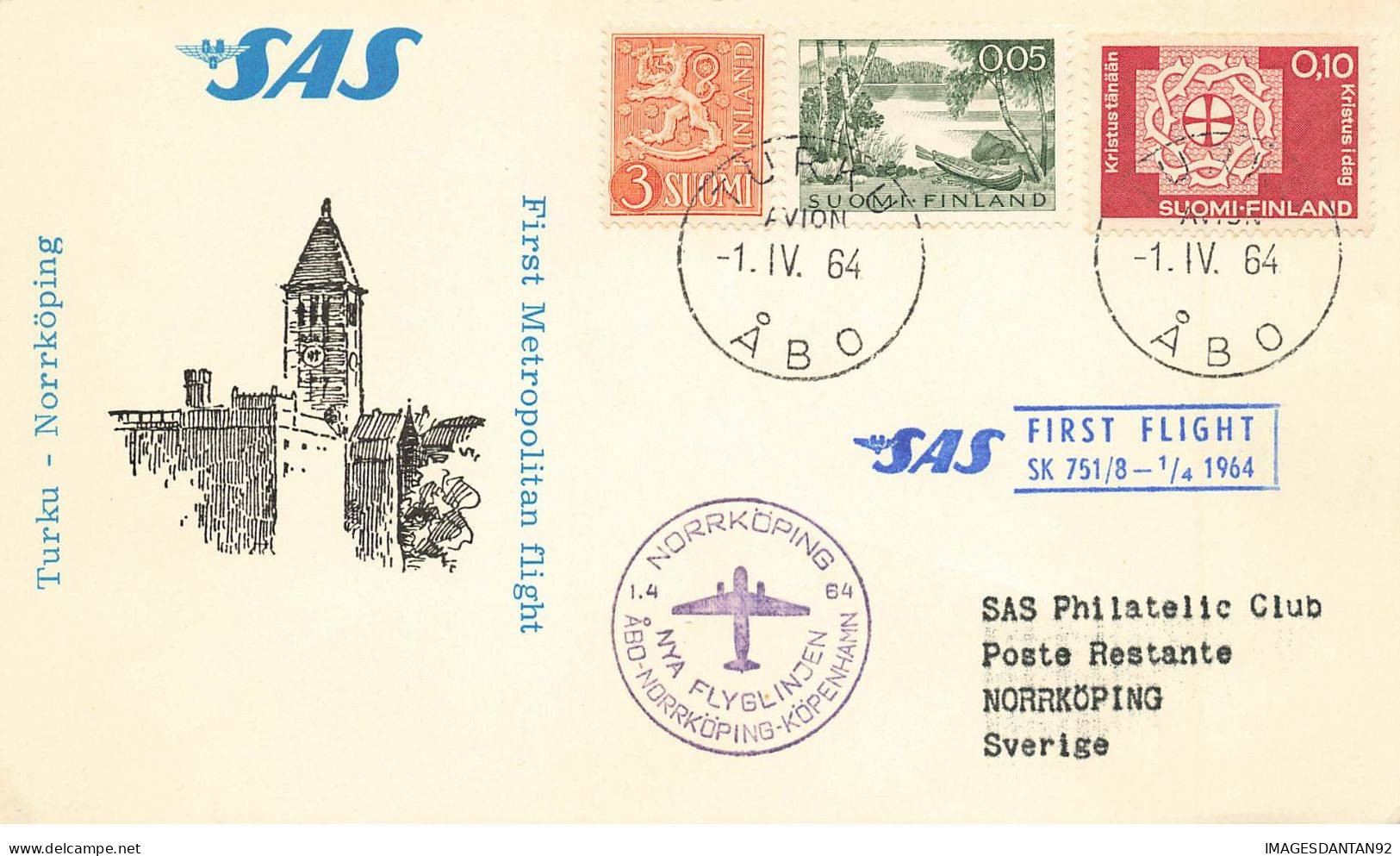 FINLANDE #36410 FINLAND 1964 TURKU ABO SAS NORRKOPING FIRST FLIGHT - Covers & Documents