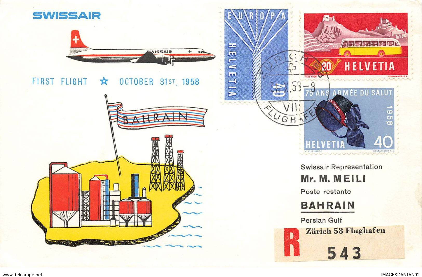 VOL SWISSAIR #36405 FIRST FLIGHT ZURICH TO BAHREIN BAHRAIN 1958 REC - Bahrein (1965-...)