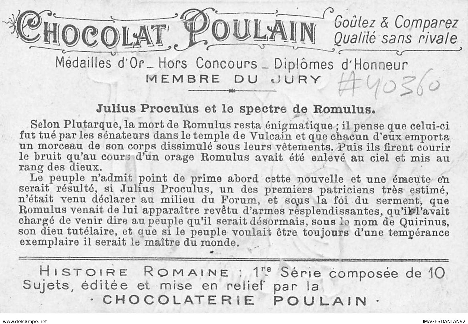 CHROMO #CL40360 CHOCOLAT POULAIN JULIUS PROCULUS ROMULUS HISTOIRE ROMAINE ANTIQUE - Poulain