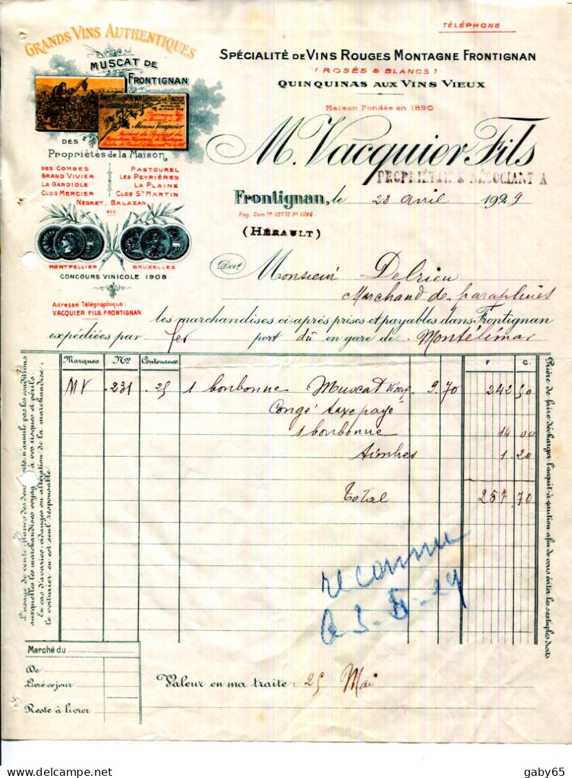 FACTURE.34.FRONTIGNAN.SPÉCIALITÉ DE VINS ROUGES.QUINQUINAS AU VINS VIEUX.M.VACQUIER FILS PROPRIÉTAIRE. - Alimentos