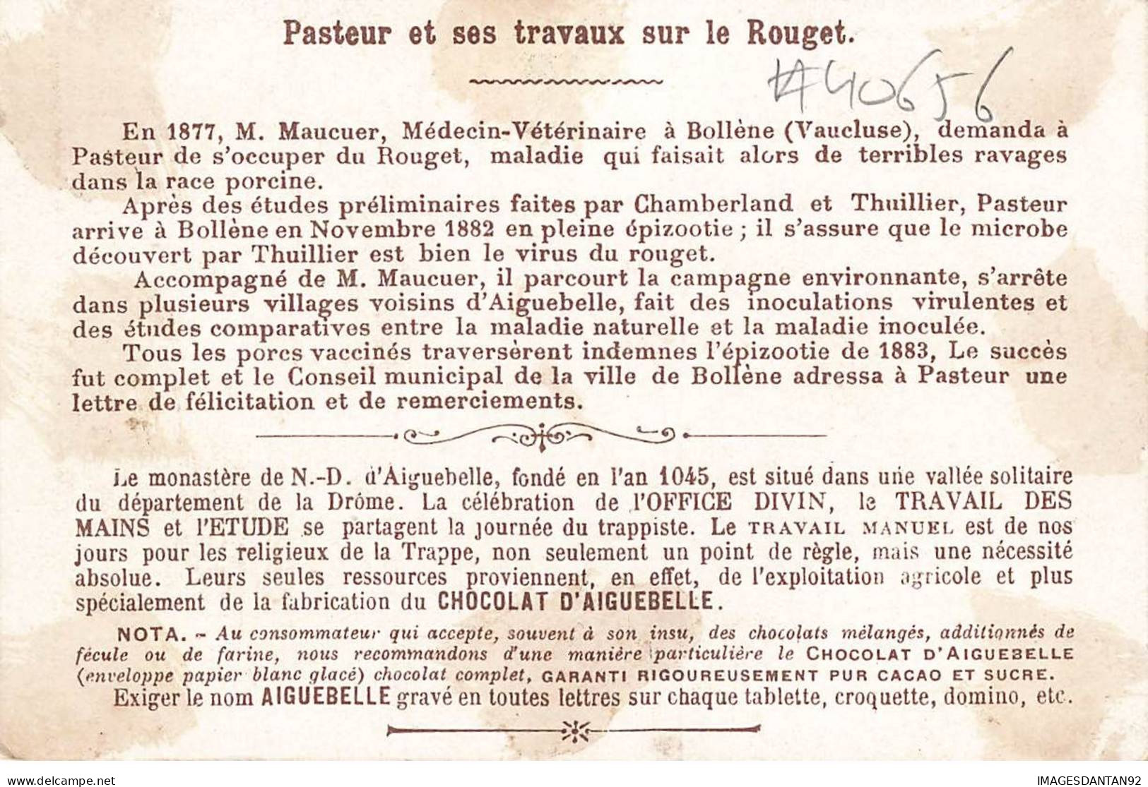 CHROMO #MK40656 PASTEUR ET SES TRAVAUX SUR LE ROUGET CHOCOLATERIE D AIGUEBELLE - Aiguebelle