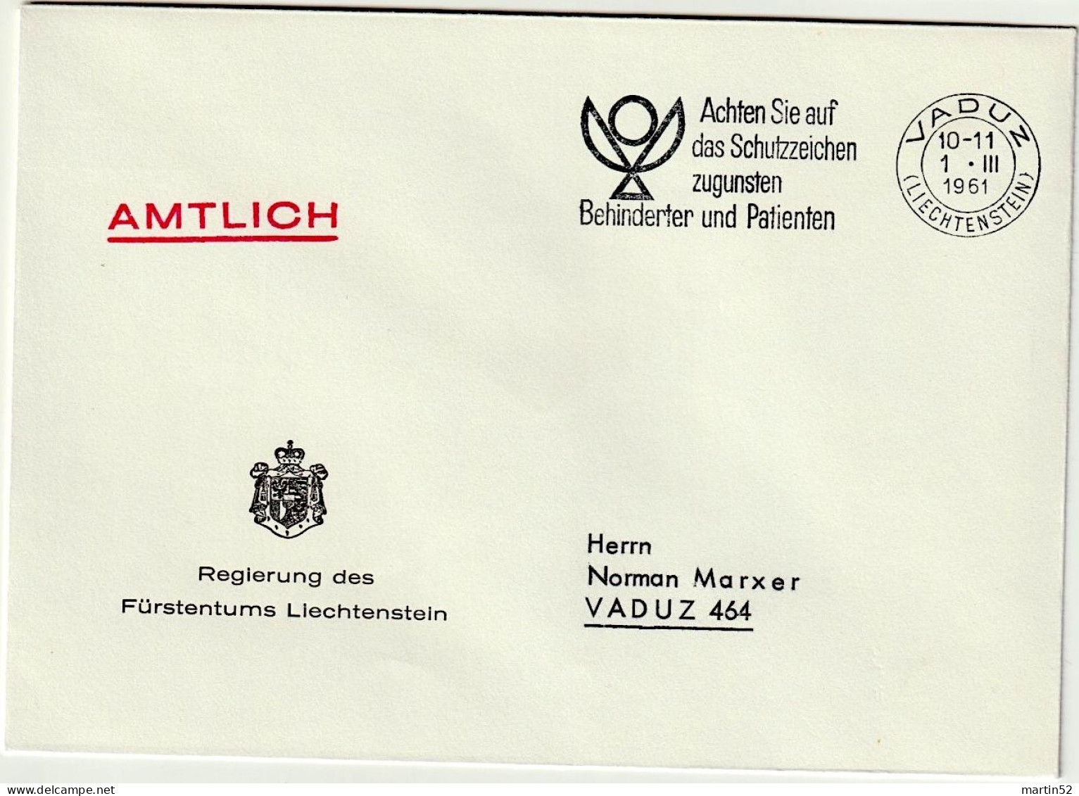 Liechtenstein 1961: Regierung Des F.L. AMTLICH Mit ⊙ VADUZ 1.III.1961 Schutzzeichen Zugunsten Behinderter Und Patienten - Dienstzegels