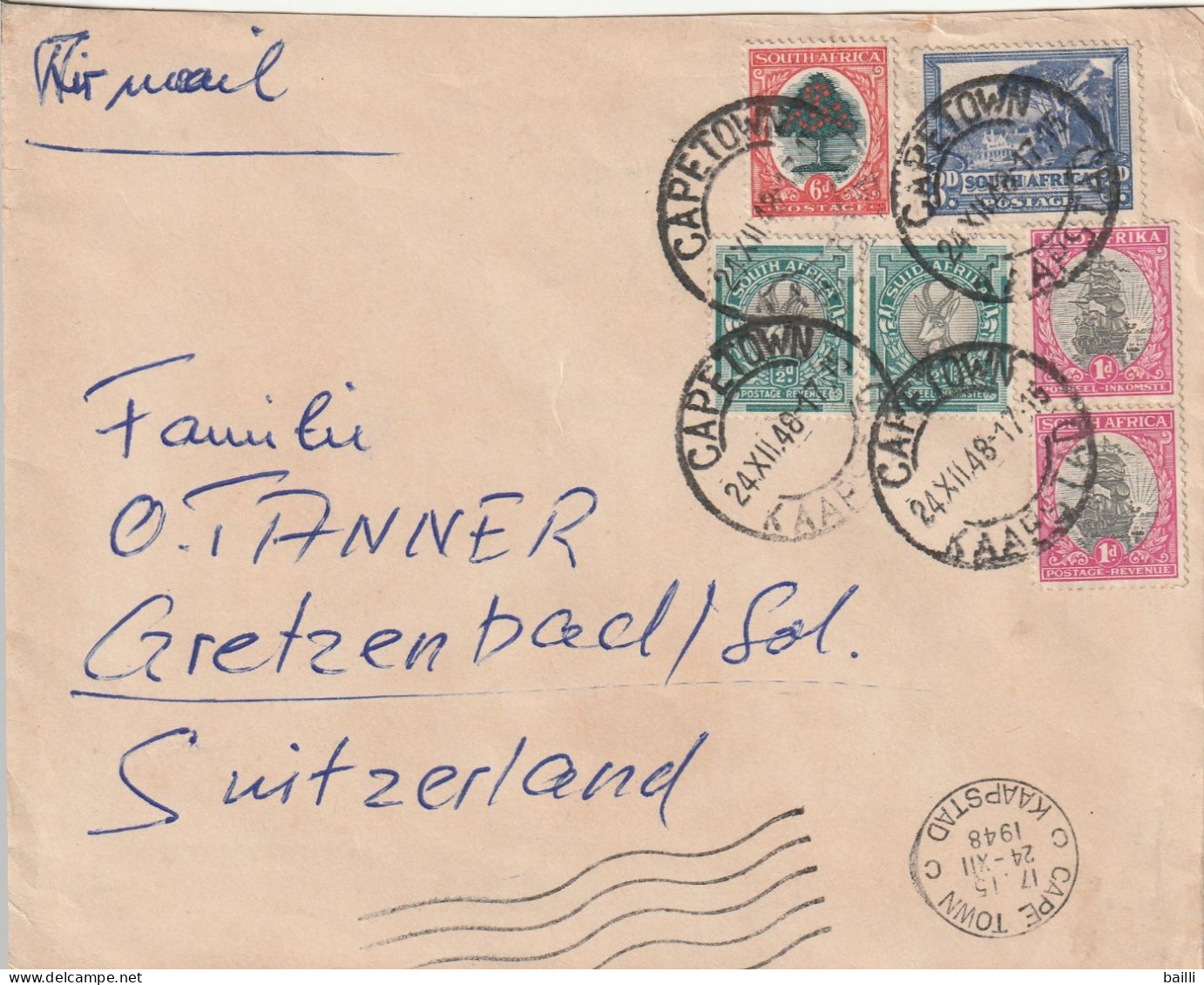 Afrique Du Sud Lettre Cape Town Pour La Suisse 1948 - Briefe U. Dokumente