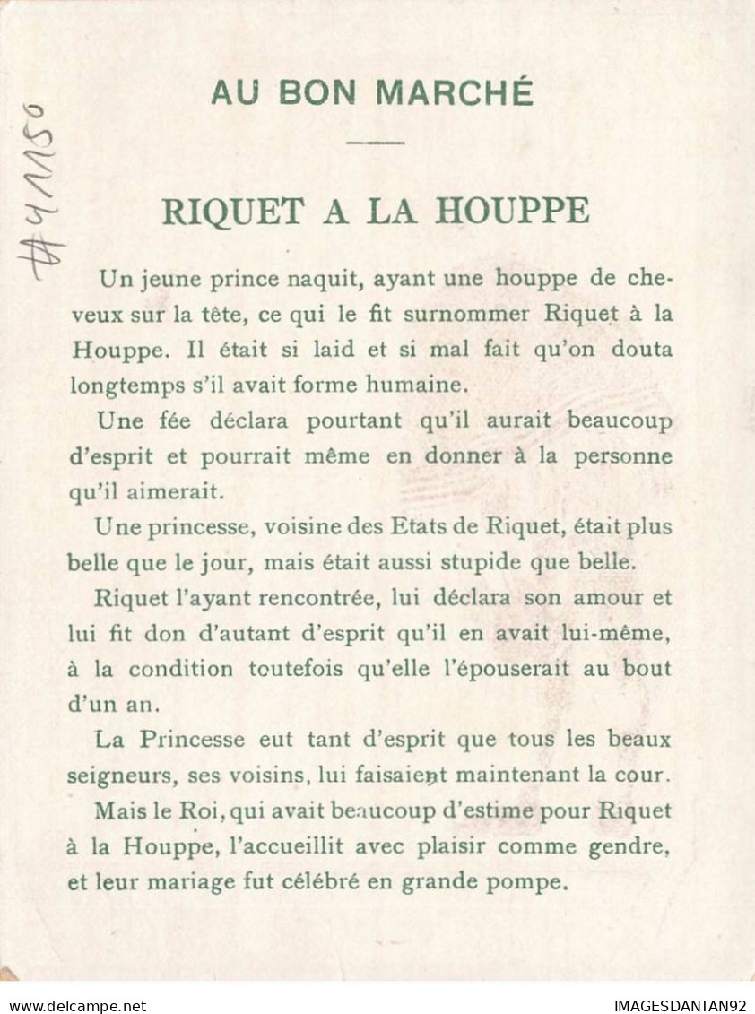 CHROMO #MK41150 AU BON MARCHE RIQUET A LA HOUPPE UN HOMME ET UNE FEMME EN ROBE BLANCHE ASSIS SUR UN BANC - Au Bon Marché