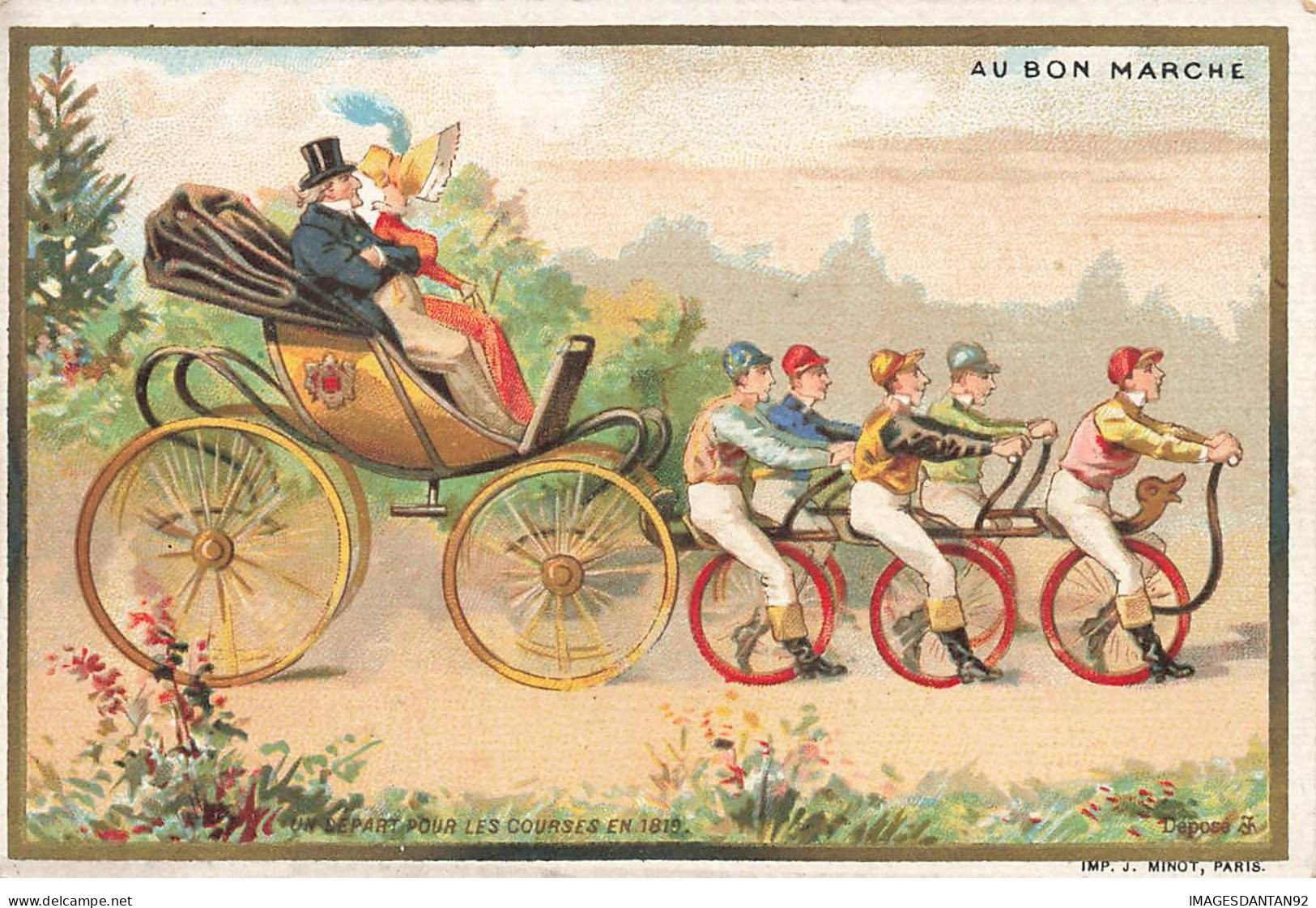 CHROMO #MK41093 AU BON MARCHE UN DEPART POUR LES COURSES EN 1819 FIACRE A VELOS TANDEM MINOT - Au Bon Marché