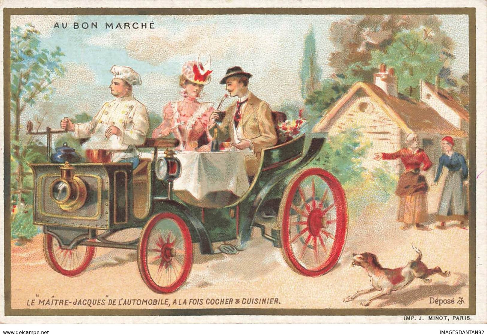 CHROMO #MK41091 AU BON MARCHE LE MAITRE JACQUES ET UN HOMME ET UNE FEMME DANS UNE VOITURE - Au Bon Marché