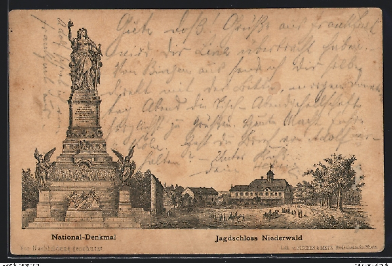 Vorläufer-Lithographie Ganzsache PP6F104 /013: Rüdesheim A. Rh., 1886, National-Denkmal Und Jagdschloss Auf Niederwa  - Cartes Postales