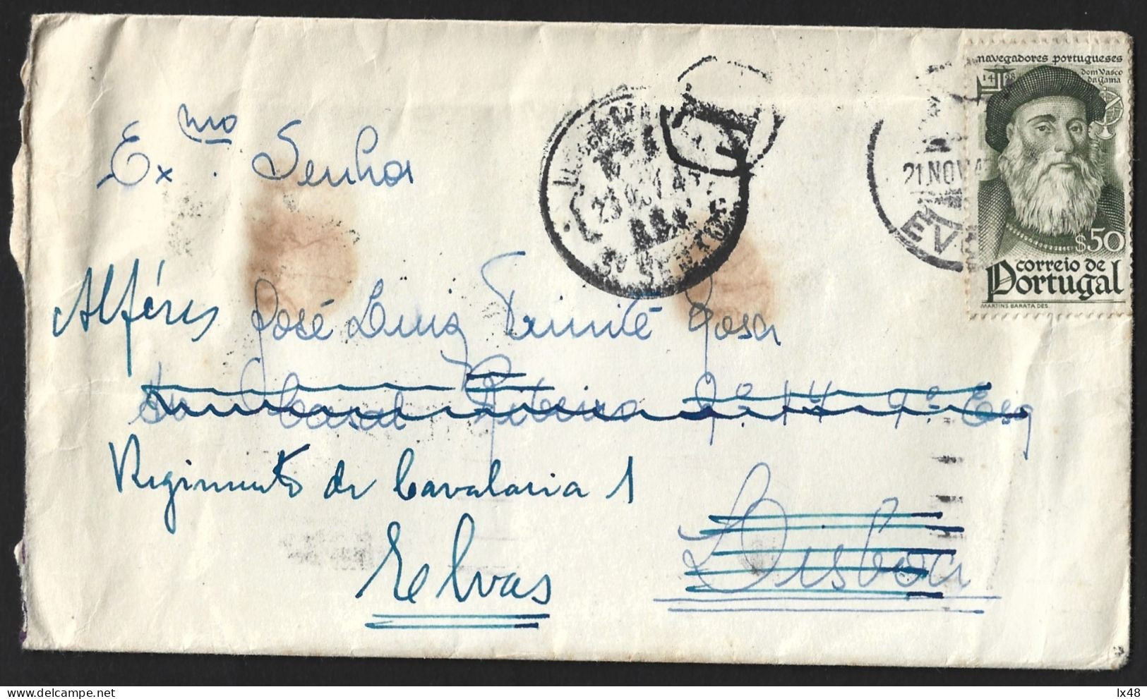 Carta Reencaminhada E Multada De Évora Para Lisboa E Elvas 1945. Selo Vasco Da Gama. Lacre (MT). - Covers & Documents