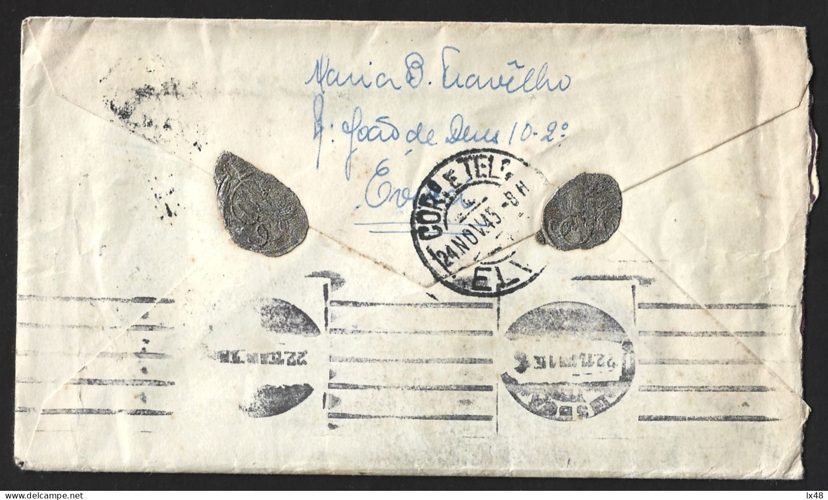 Carta Reencaminhada E Multada De Évora Para Lisboa E Elvas 1945. Selo Vasco Da Gama. Lacre (MT). - Covers & Documents