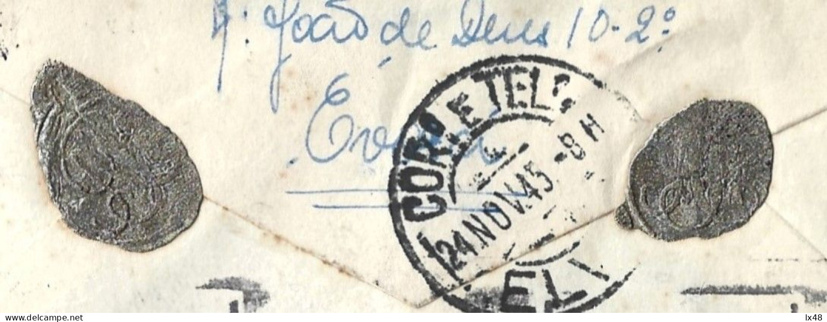 Carta Reencaminhada E Multada De Évora Para Lisboa E Elvas 1945. Selo Vasco Da Gama. Lacre (MT). - Cartas & Documentos