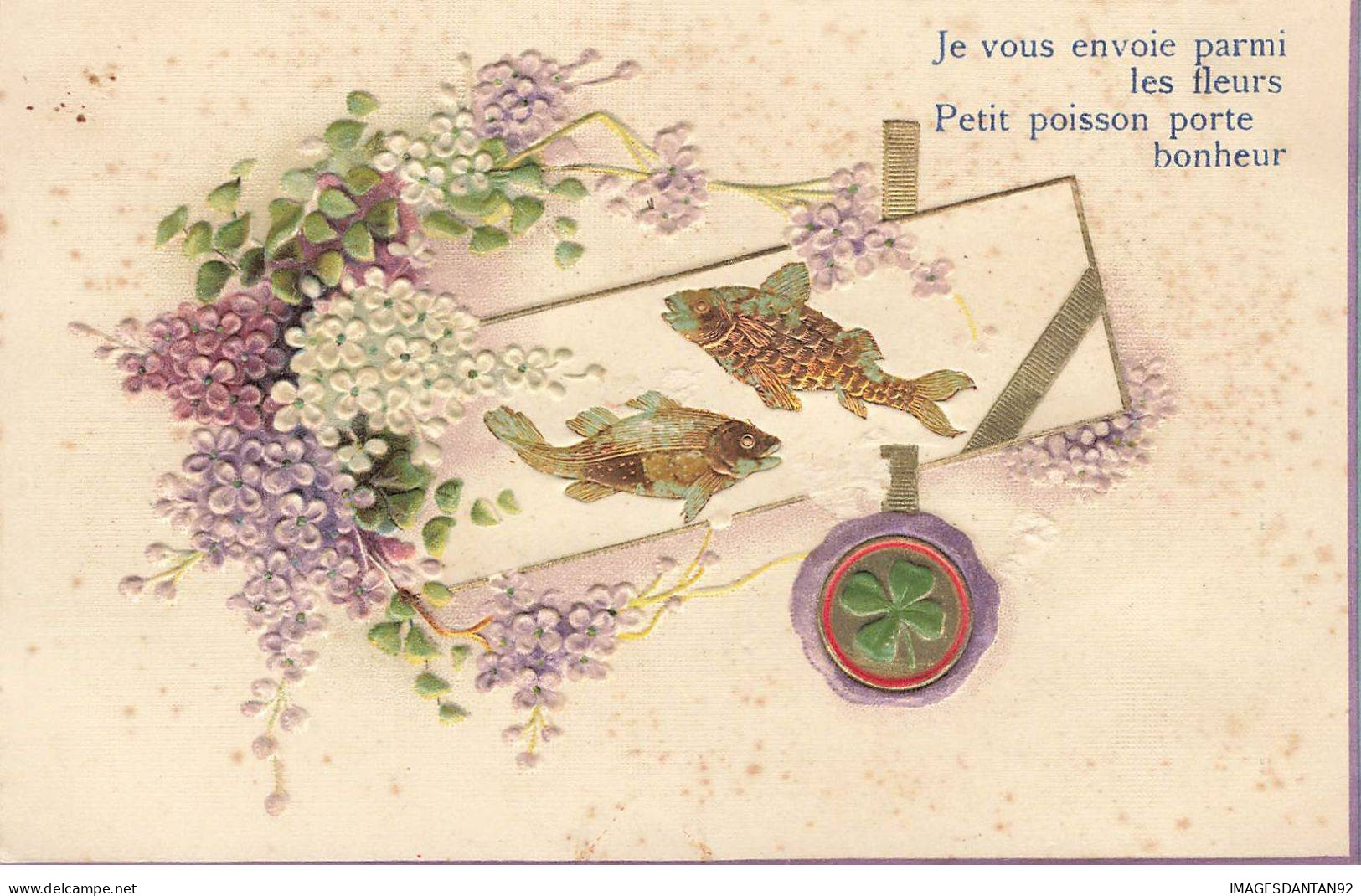 ANIMAUX  #SAN47172 POISSONS JE VOUS ENVOI PARMI LES FLEURS PETIT POISSON PORTE BONHEUR - Fische Und Schaltiere