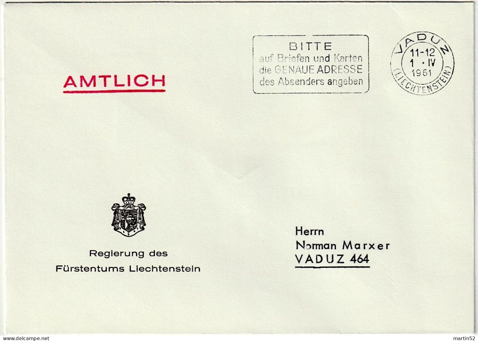Liechtenstein 1961: Regierung Des F.L. AMTLICH Mit ⊙ VADUZ 1.III.1961 BITTE GENAUE ADRESSE Des Absenders Angeben - Official