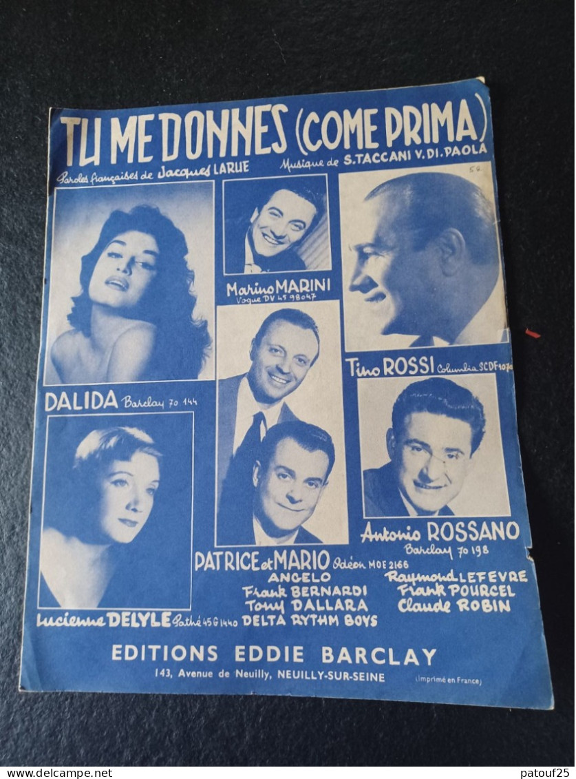 Ancienne Partition De Musique Tu Me Donnes Come Prima Dalida 1958 - Sonstige & Ohne Zuordnung