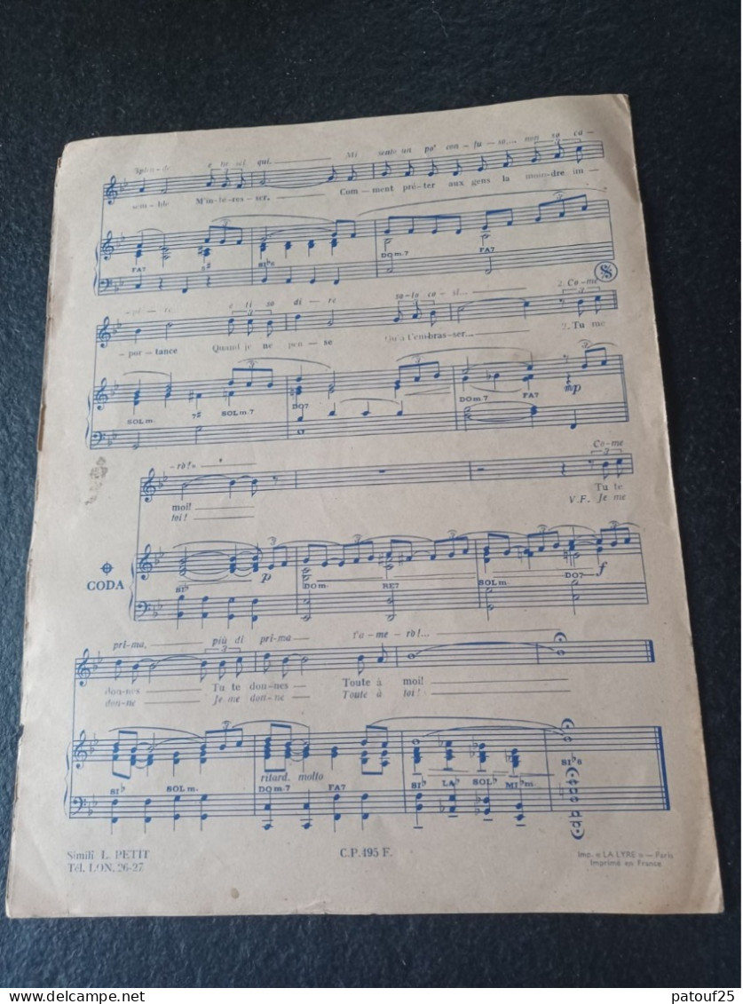 Ancienne Partition De Musique Tu Me Donnes Come Prima Dalida 1958 - Andere & Zonder Classificatie