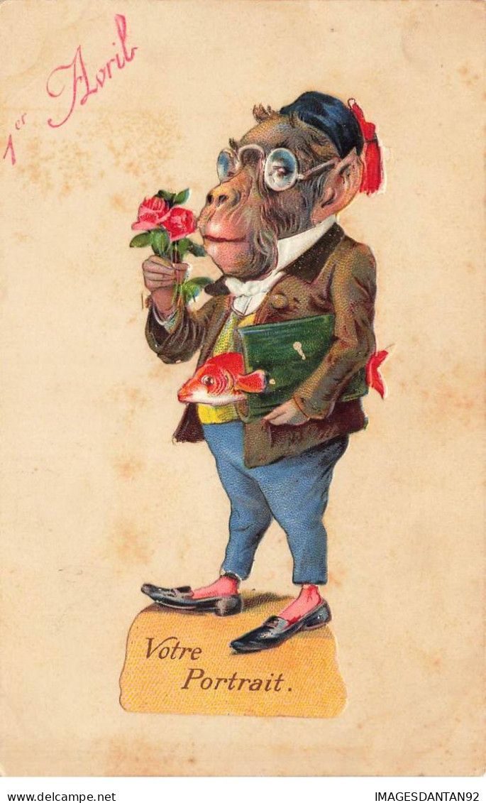 SINGE #FG50634 VOEUX 1ER AVRIL SINGE HUMANISE AVEC POISSON ROSE CHAPEAU ET LIVRE VOTRE PORTRAIT HUMOUR - Affen