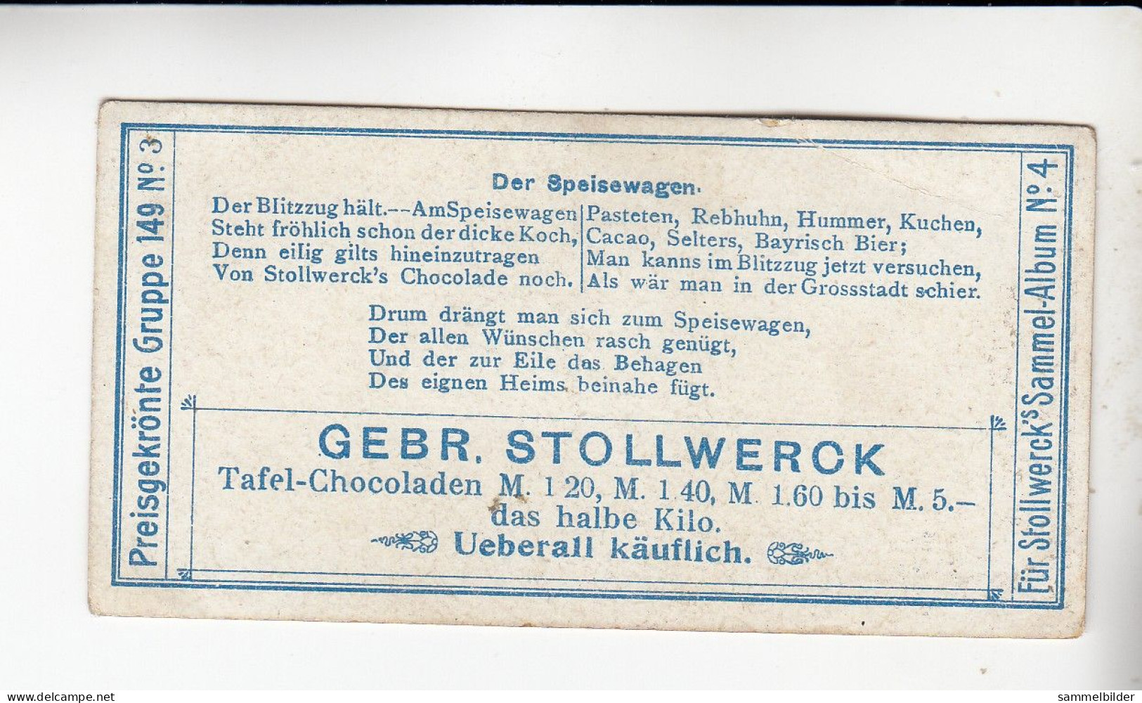 Stollwerck Album No 4 Eisenbahn - Verkehr  Der Speisewagen      Grp 149 # 3 Von 1900 - Stollwerck