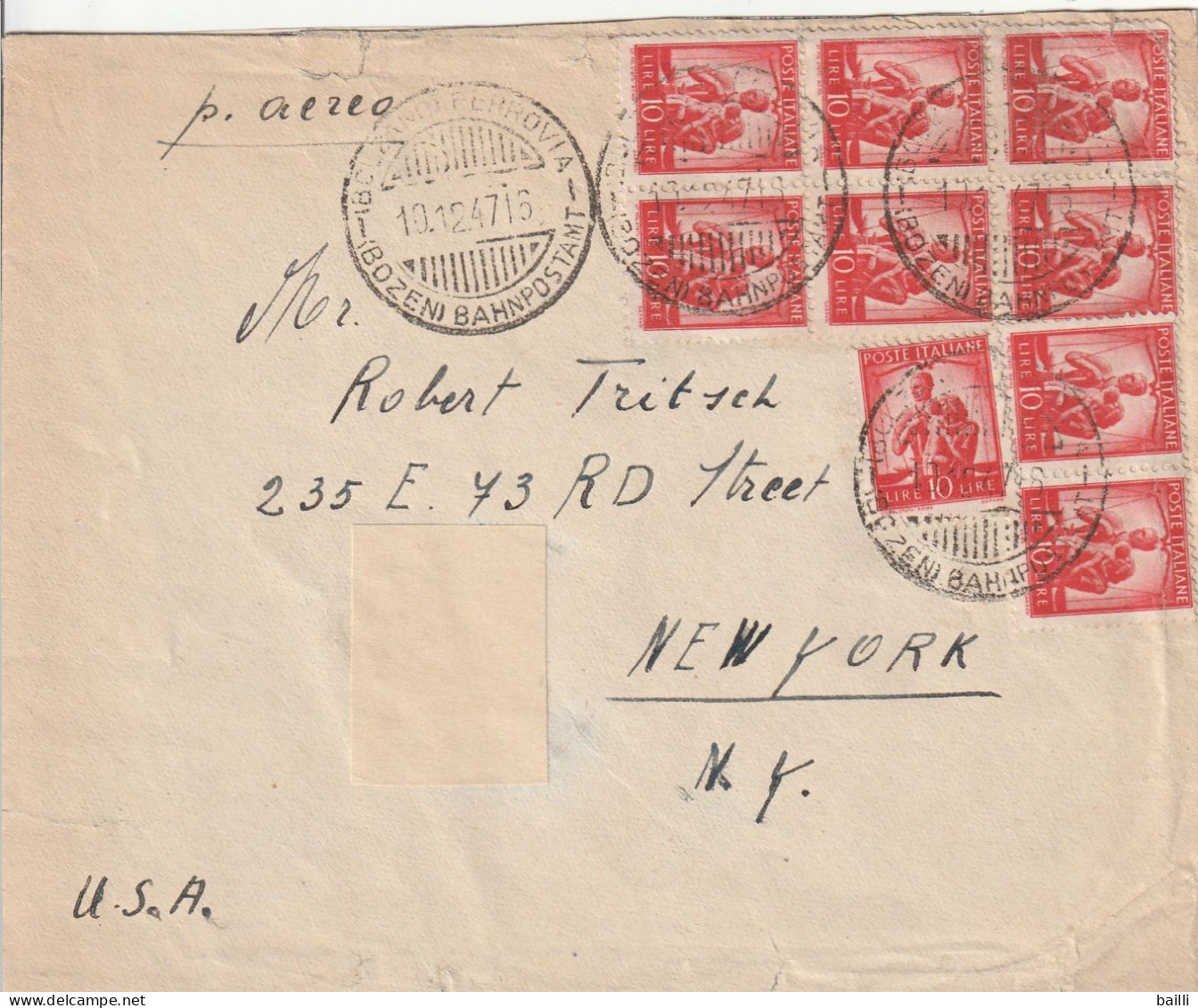 Italie Lettre Bolzano Pour Les Etats Unis 1947 - 1946-60: Marcophilie