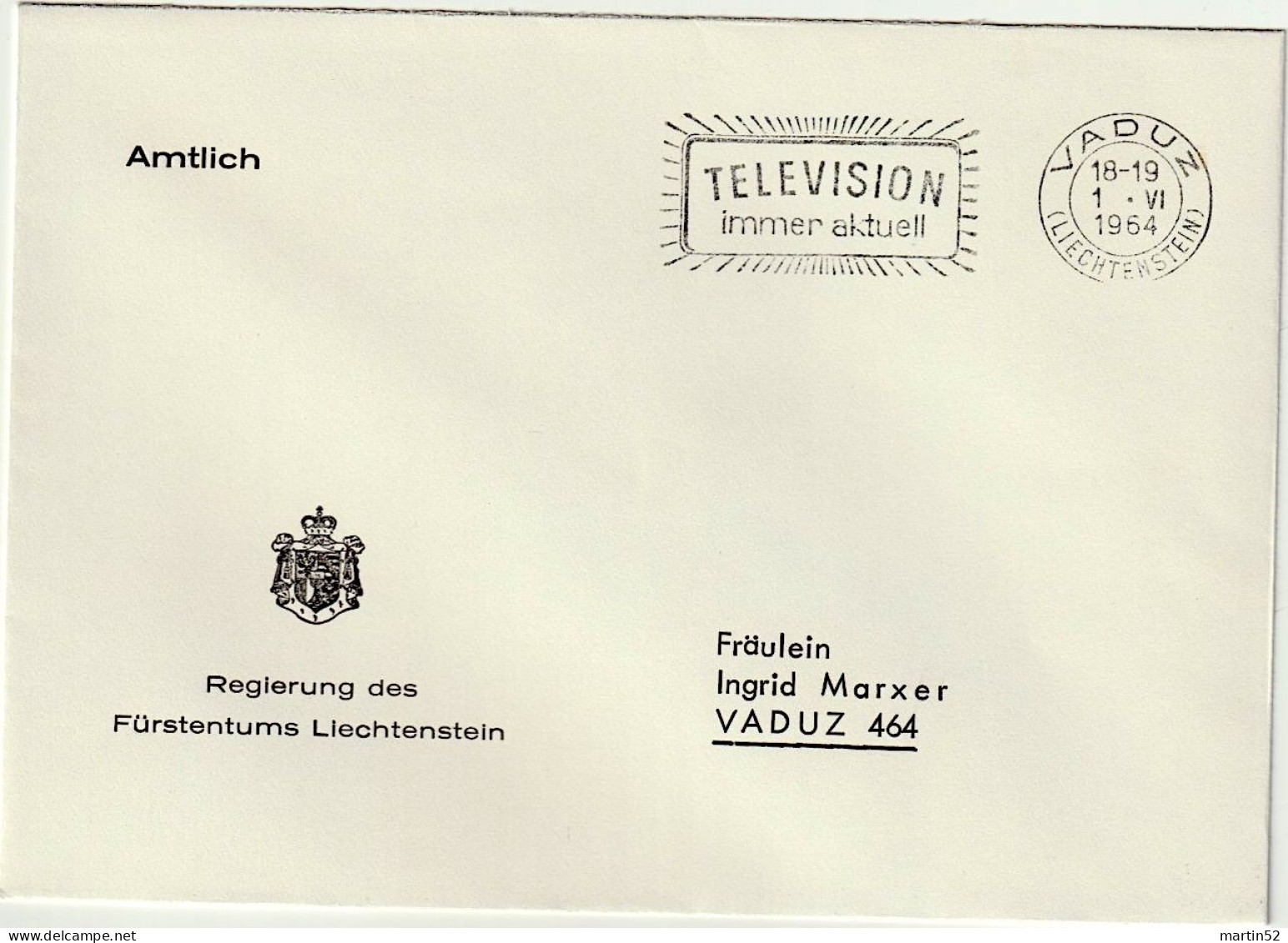 Liechtenstein 1964: Regierung Des F.L. AMTLICH Mit ⊙ VADUZ 1.VI.1964 TELEVISION Immer Aktuell - Dienstzegels