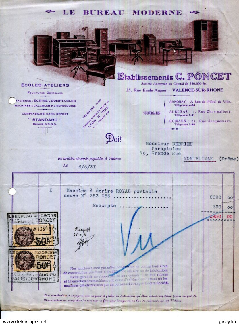 FACTURE.26.DRÔME.VALENCE.ÉCOLES.ATELIERS.LE BUREAU MODERNE.Ets.C.PONCET 22 RUE ÉMILE AUGIER. - Andere & Zonder Classificatie