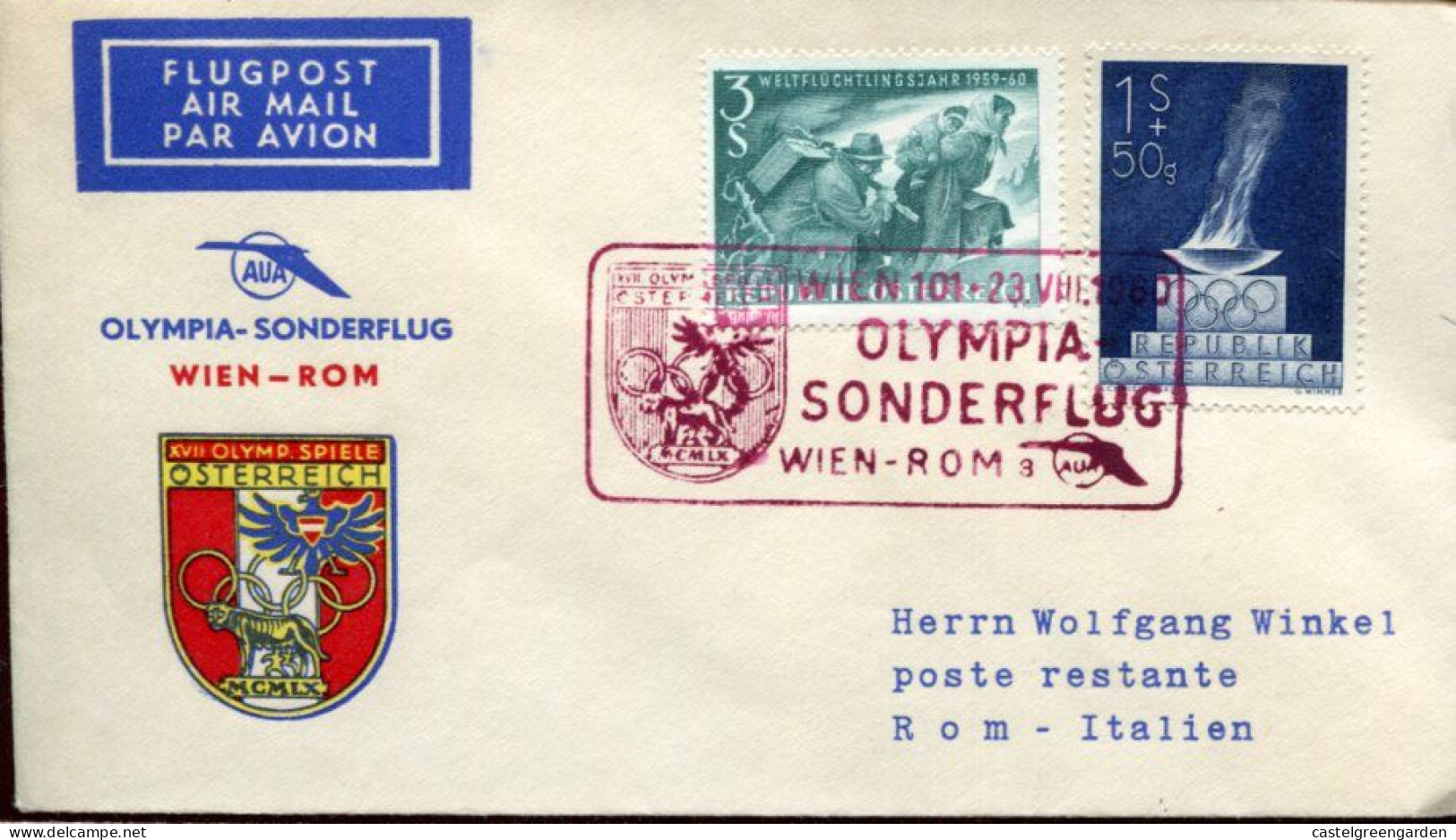 X0311  Austria, Special Cover And Postmark 1960 For The Flight Of Olympiade Rome, Wien/Rome - Ete 1960: Rome