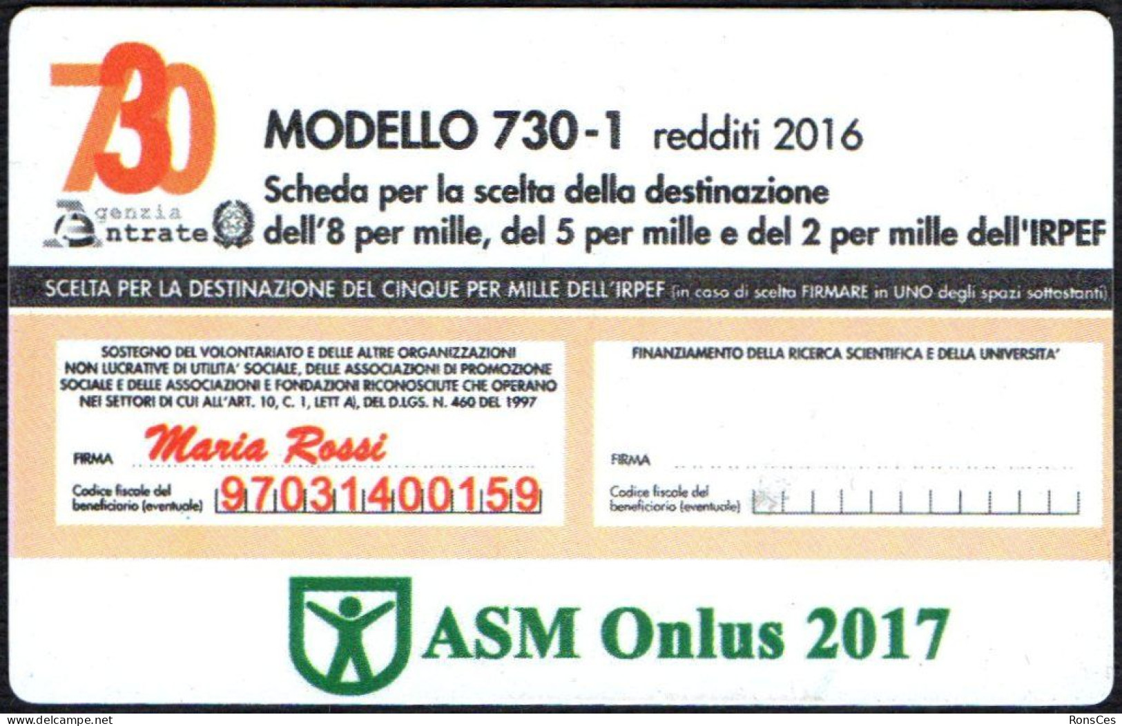 ITALIA 2017 - CALENDARIO TASCABILE - ASM ONLUS - MODELLO 730-1 REDDITI 2016 - SCHEDA DESTINAZIONE 5x1000 - I - Small : 2001-...