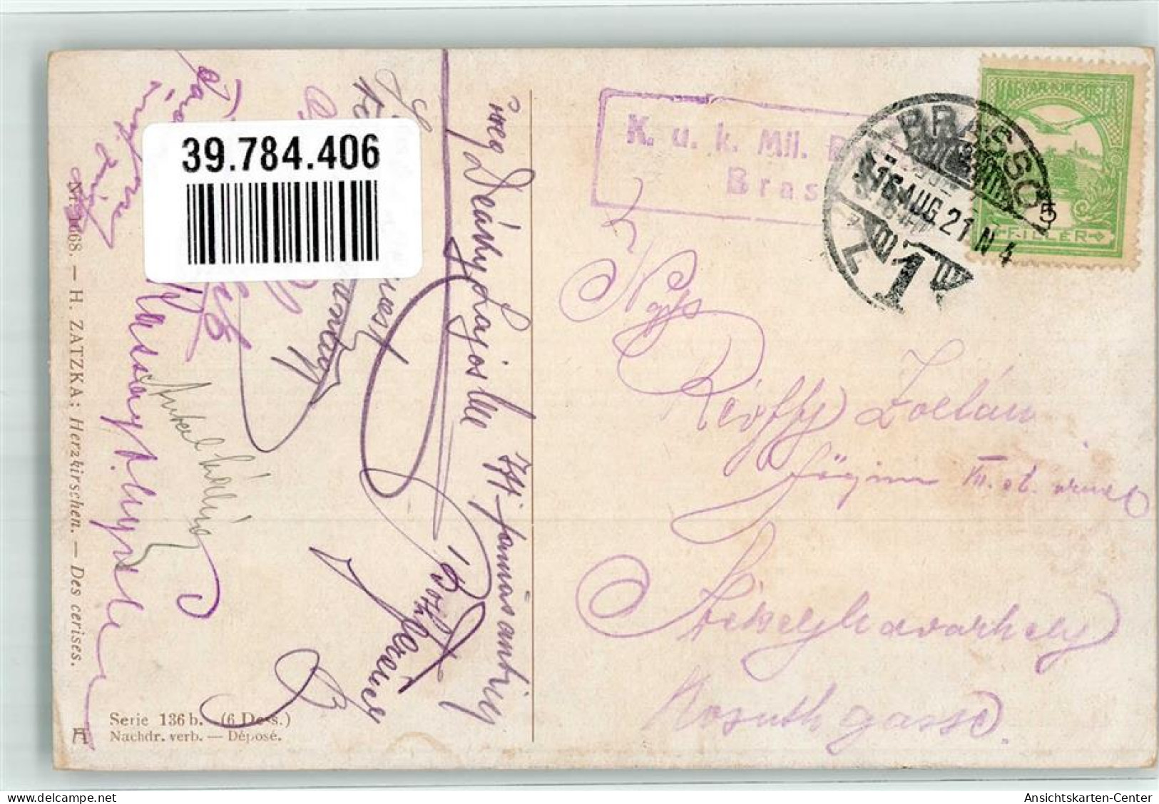 39784406 - Herzkirschen Amor F.A. Ackermann Serie 136 Nr. 1668 Feldpost WK I KuK Brasso - Zatzka