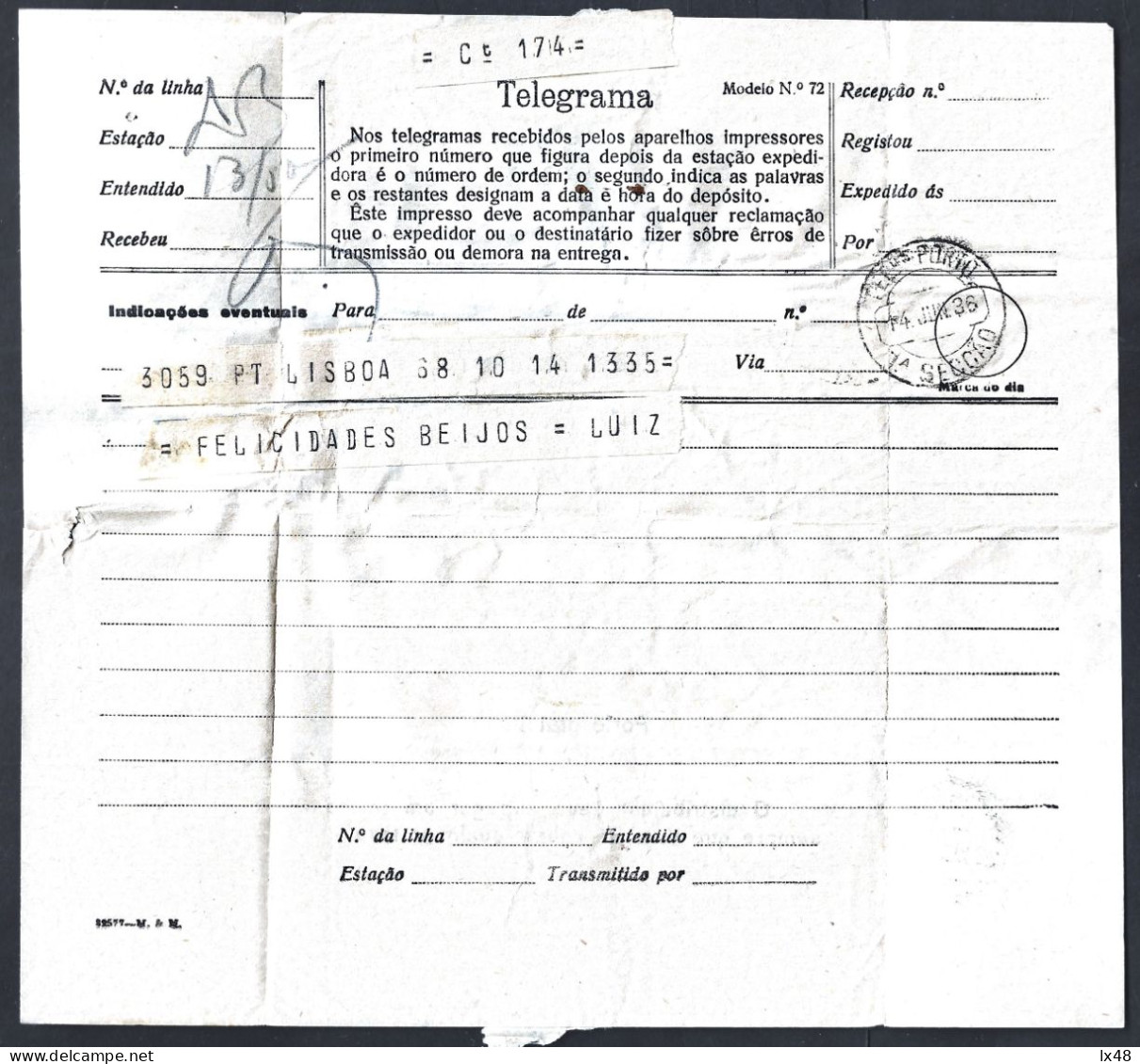 Telegrama Lisboa Para O Porto Em 1936, Obliteração De 'Telegramas Porto 1ª Secção'. Telegram Sent From Lisbon To Porto I - Brieven En Documenten