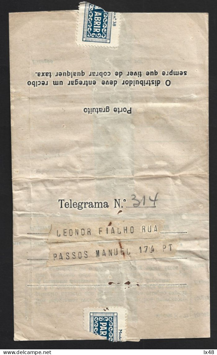 Telegrama Lisboa Para O Porto Em 1936, Obliteração De 'Telegramas Porto 1ª Secção'. Telegram Sent From Lisbon To Porto I - Cartas & Documentos