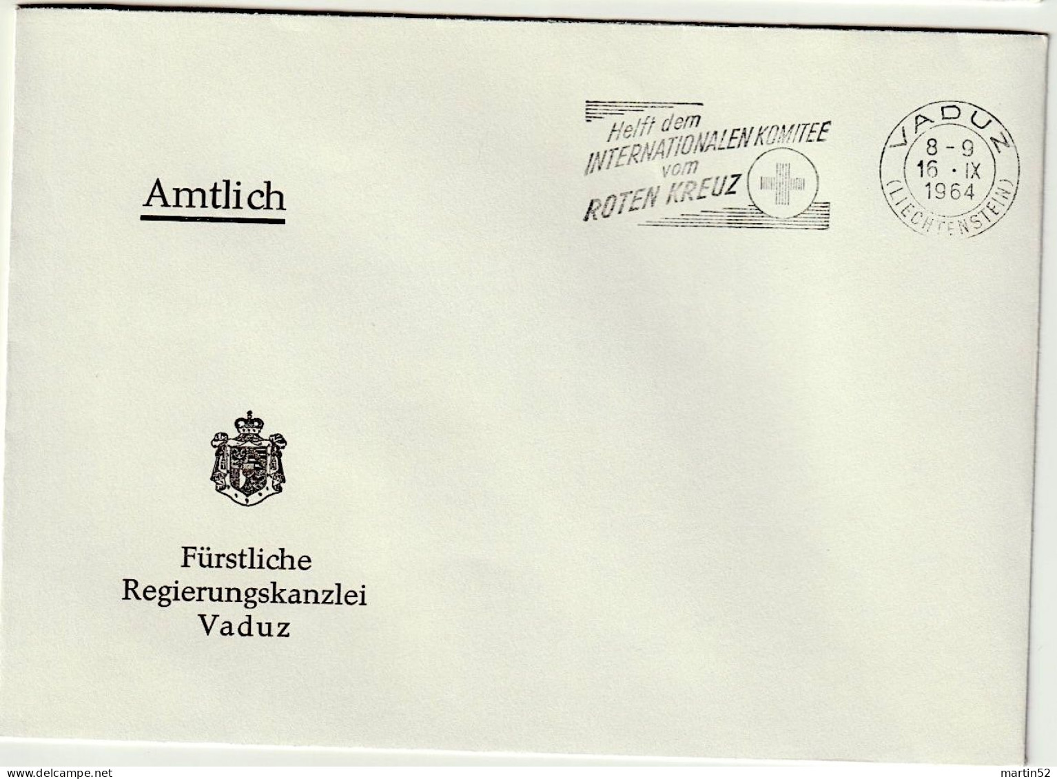 Liechtenstein 1964: Regierung Des F.L. AMTLICH Mit ⊙ VADUZ 16.IX.1964 Helft Dem KOMITEE Vom ROTEN KREUZ - Dienstzegels