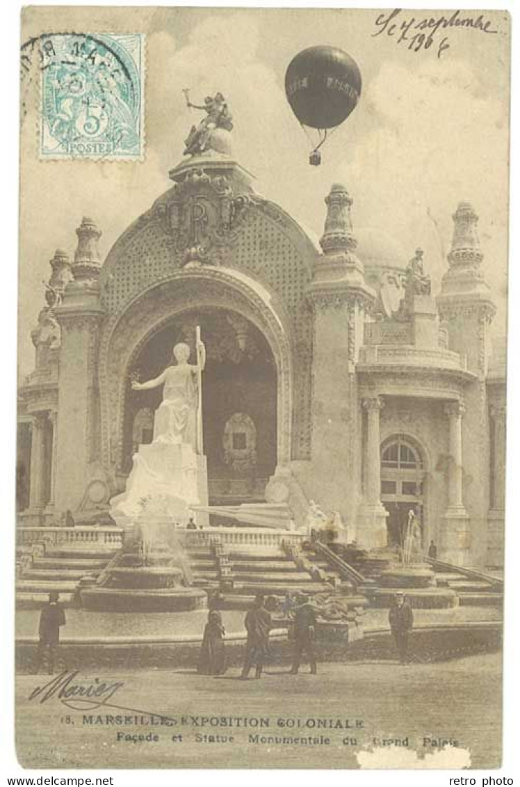 Cpa Marseille, Exposition Coloniale - Façade Et Statue Monumentale Du Grand Palais ( Ballon, Pub Absinthe Rivoire ) - Internationale Tentoonstelling Voor Elektriciteit En Andere