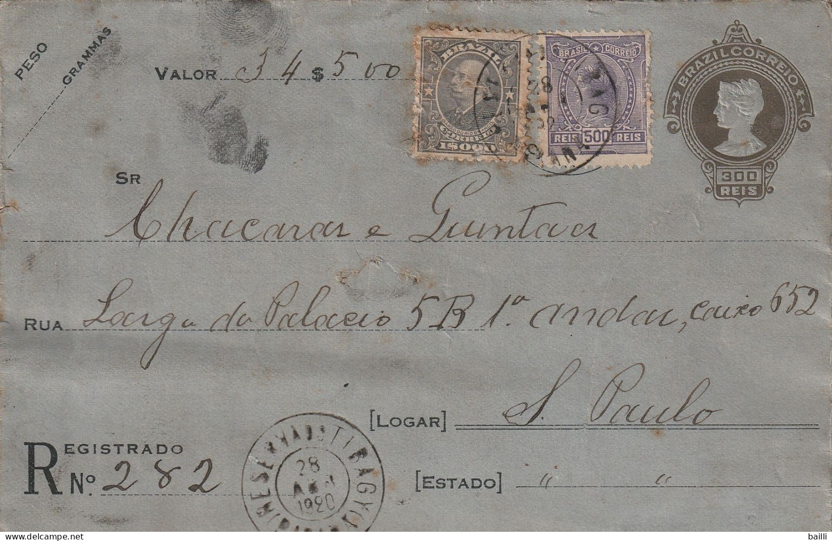 Brésil Entier Postal Recommandé Avec Valeur 1920 - Postwaardestukken