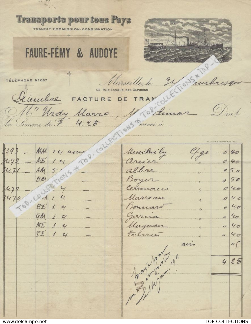 1900 ENTETE NAVIGATION  TRANSPORTS « Faure Fémy & Audoye » Marseille Pour Montélimar  V.SCANS+HISTORIQUE - 1900 – 1949
