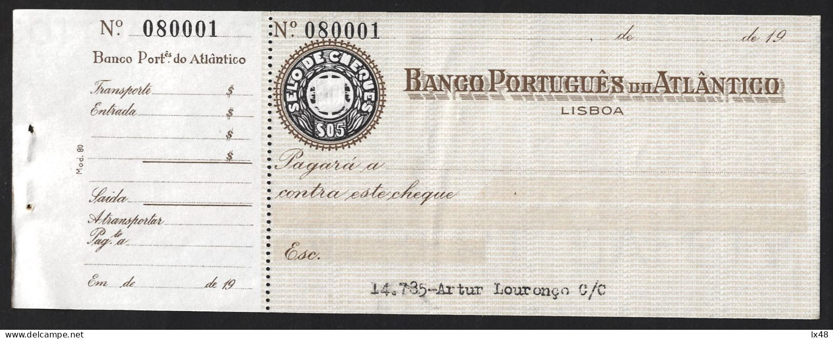 Check From BPA Banco Português Do Atlântico, Lisbon. Embossed $05 Check Stamp. - Cheques & Traverler's Cheques