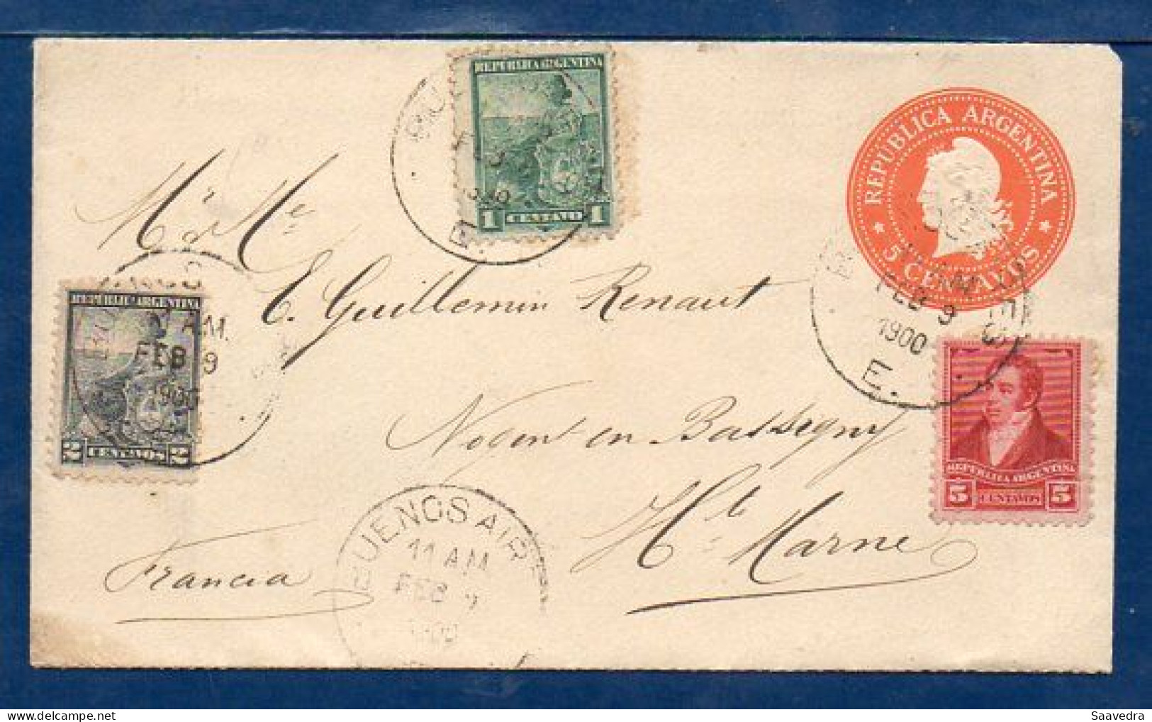 Argentina To France, 1900, Uprated Postal Stationery   (017) - Entiers Postaux