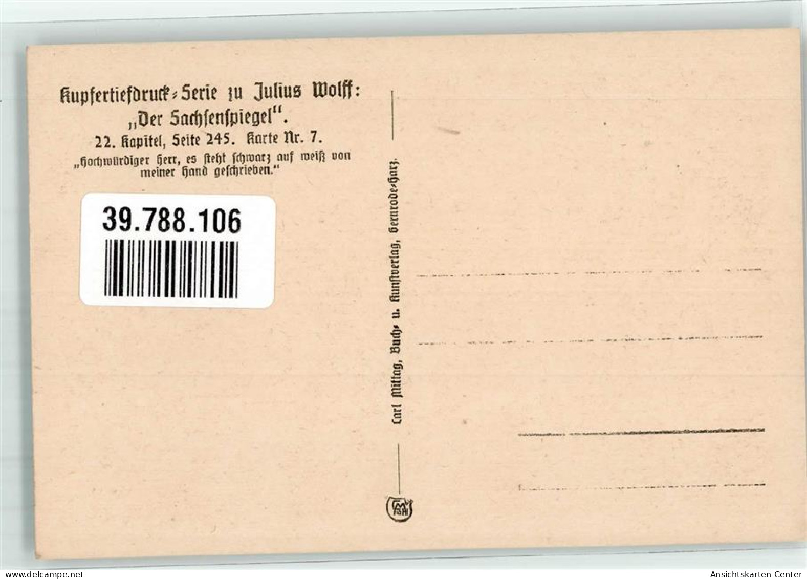 39788106 - Kupfertiefdruck Serie Zu Julius Wolff : Der Sachsenspiegel  Rechtsbuch  22. Kapitel Seite 245 Karte  Nr. 7   - Histoire